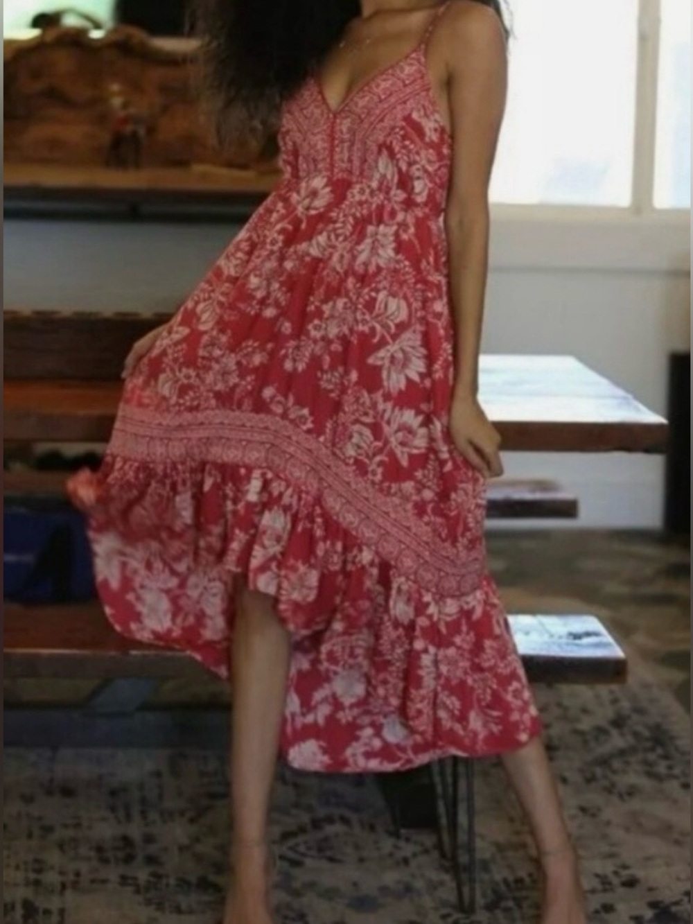 Angie Dusty Red Floral Spaghetti-Strap hi lo Midi Dress